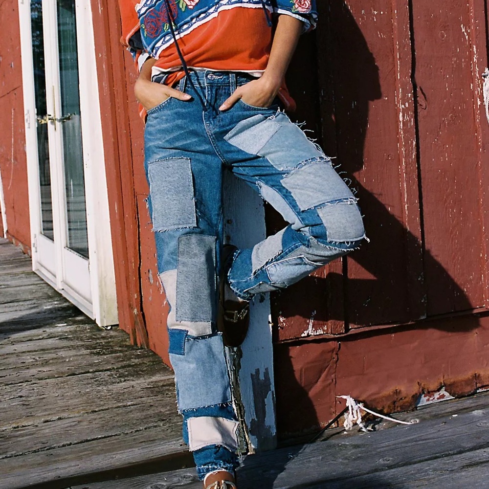 Free People Blue Patchwork Straight Leg Jeans